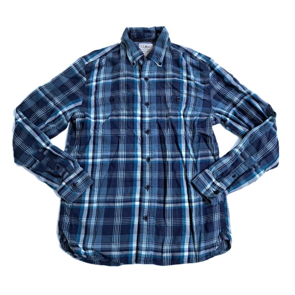 LL Bean Men's Small Scotch Plaid Flannel Slightly Fitted Shirt Blue Green Check